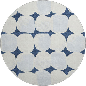 HomeRoots 8' Navy Blue & Ivory Abstract Geometric Round Rug – Washable, UV Protected, Kid & Pet Friendly! 669213