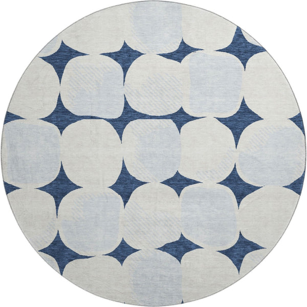 HomeRoots 8' Navy Blue & Ivory Abstract Geometric Round Rug – Washable, UV Protected, Kid & Pet Friendly! 669213