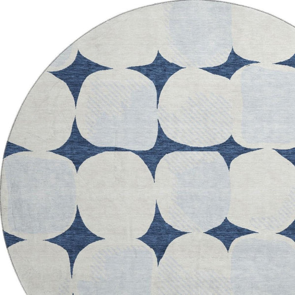 HomeRoots 8' Navy Blue & Ivory Abstract Geometric Round Rug – Washable, UV Protected, Kid & Pet Friendly! 669213