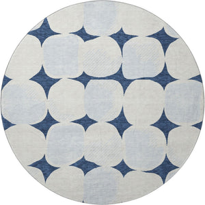 HomeRoots 8' Navy Blue & Ivory Abstract Geometric Round Rug – Washable, UV Protected, Kid & Pet Friendly! 669213