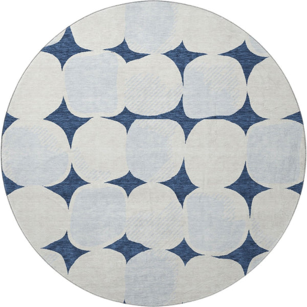 HomeRoots 8' Navy Blue & Ivory Abstract Geometric Round Rug – Washable, UV Protected, Kid & Pet Friendly! 669213