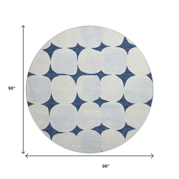 HomeRoots 8' Navy Blue & Ivory Abstract Geometric Round Rug – Washable, UV Protected, Kid & Pet Friendly! 669213