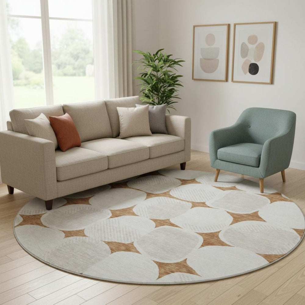 HomeRoots 8' Stylish Rust and Ivory Abstract Geometric Round Rug - Washable, UV Protected, Durable Design! 669219