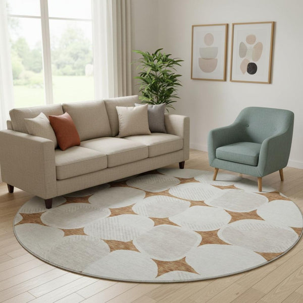 HomeRoots 8' Stylish Rust and Ivory Abstract Geometric Round Rug - Washable, UV Protected, Durable Design! 669219