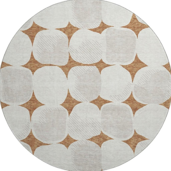 HomeRoots 8' Stylish Rust and Ivory Abstract Geometric Round Rug - Washable, UV Protected, Durable Design! 669219