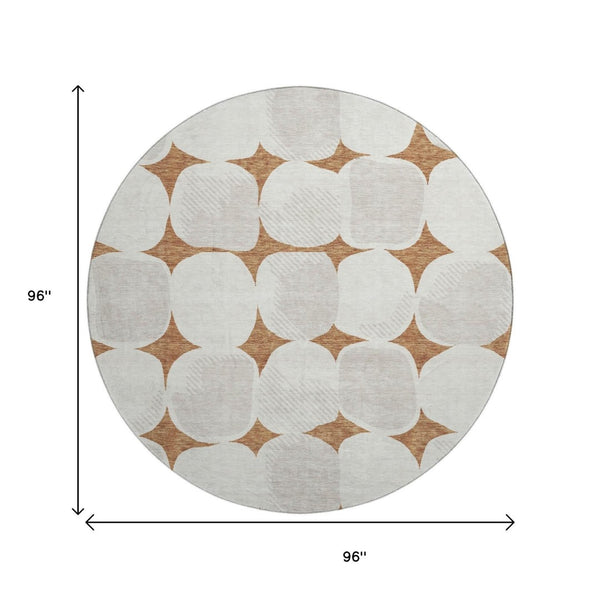 HomeRoots 8' Stylish Rust and Ivory Abstract Geometric Round Rug - Washable, UV Protected, Durable Design! 669219