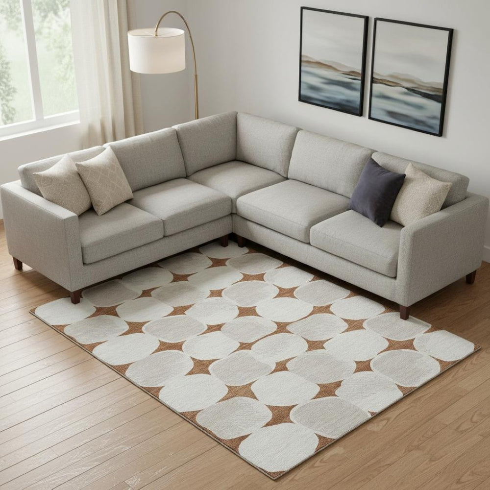 HomeRoots 9' X 12' Abstract Geometric Area Rug in Rust & Ivory - Washable, UV-Protected, and Durable Design 669221