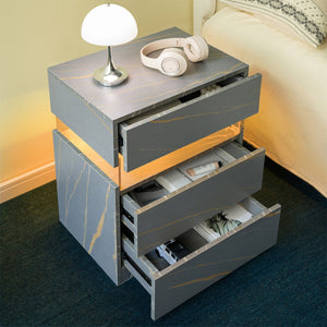 English Elm Led Nightstand with Rgb Acrylic Glow Panel Three Drawers Walnut Bedroom Table Grey+Gold W2178P412302