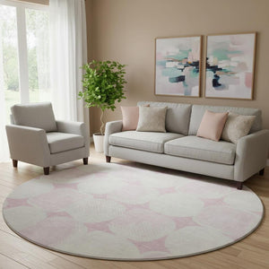 HomeRoots 8' Pink and Ivory Abstract Geometric Round Rug - Washable, UV Protected, Perfect for High-Traffic Areas 669225