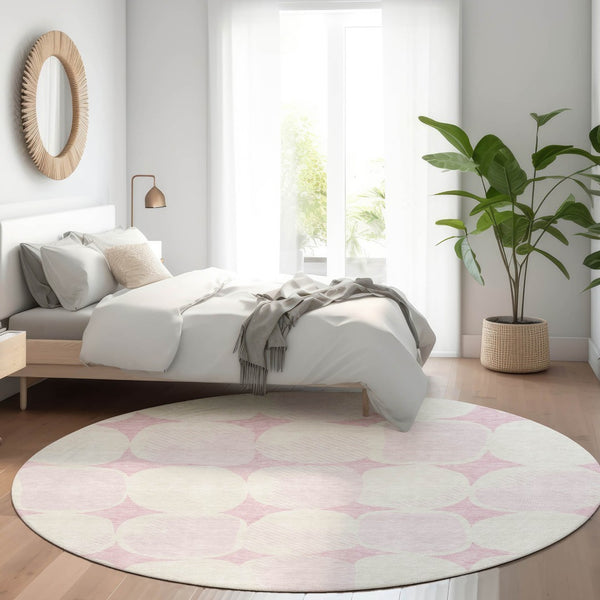 HomeRoots 8' Pink and Ivory Abstract Geometric Round Rug - Washable, UV Protected, Perfect for High-Traffic Areas 669225