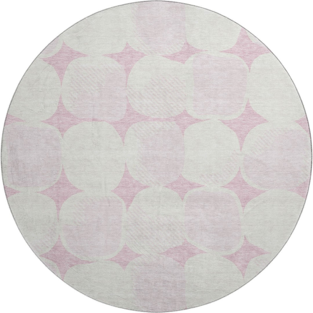 HomeRoots 8' Pink and Ivory Abstract Geometric Round Rug - Washable, UV Protected, Perfect for High-Traffic Areas 669225