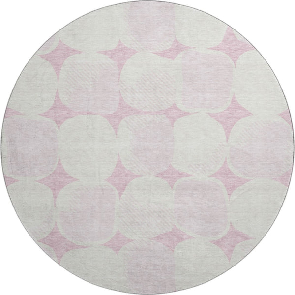 HomeRoots 8' Pink and Ivory Abstract Geometric Round Rug - Washable, UV Protected, Perfect for High-Traffic Areas 669225
