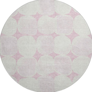 HomeRoots 8' Pink and Ivory Abstract Geometric Round Rug - Washable, UV Protected, Perfect for High-Traffic Areas 669225