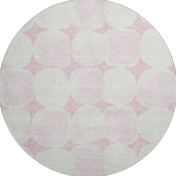 HomeRoots 8' Pink and Ivory Abstract Geometric Round Rug - Washable, UV Protected, Perfect for High-Traffic Areas 669225