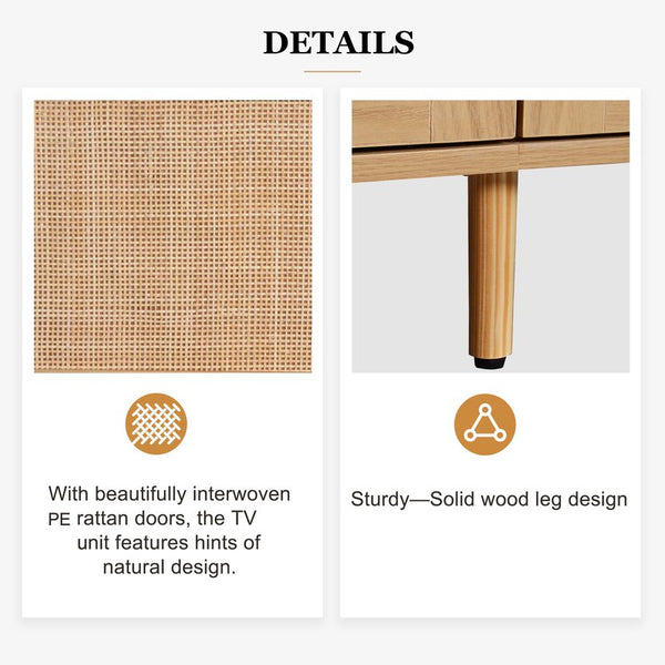 English Elm Rattan Modern Farmhouse TV Stand for TVs up to 85" — Rattan Media Console with Cable Management, Solid Wood Feet and Multi-Functional Storage WF316678AAP