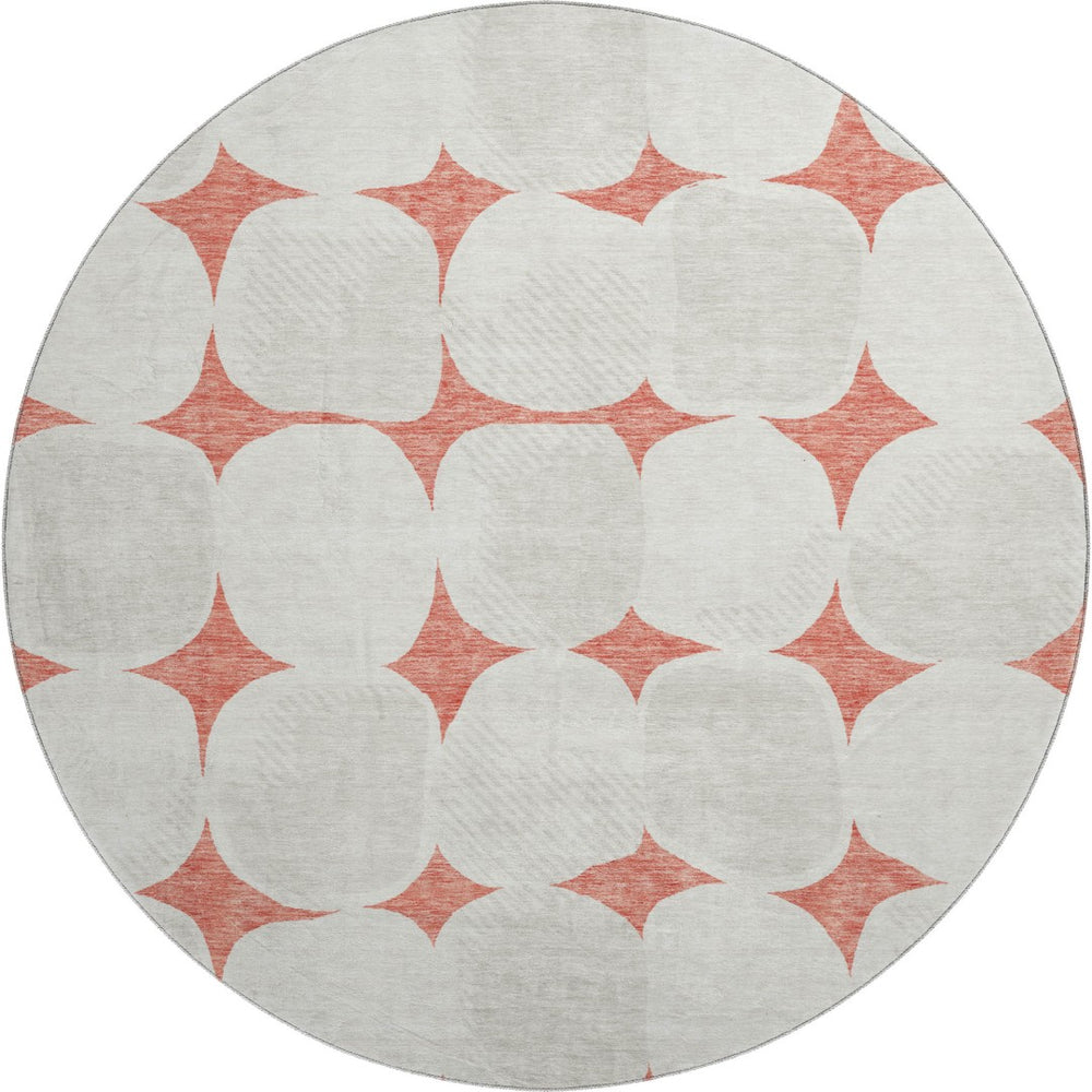 HomeRoots 8' Salmon and Ivory Abstract Geometric Round Rug - Washable, UV Protected, Perfect for High-Traffic Areas! 669231