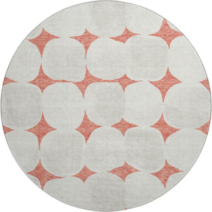 HomeRoots 8' Salmon and Ivory Abstract Geometric Round Rug - Washable, UV Protected, Perfect for High-Traffic Areas! 669231