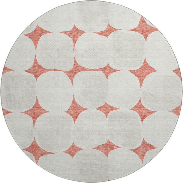 HomeRoots 8' Salmon and Ivory Abstract Geometric Round Rug - Washable, UV Protected, Perfect for High-Traffic Areas! 669231