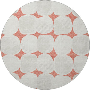 HomeRoots 8' Salmon and Ivory Abstract Geometric Round Rug - Washable, UV Protected, Perfect for High-Traffic Areas! 669231
