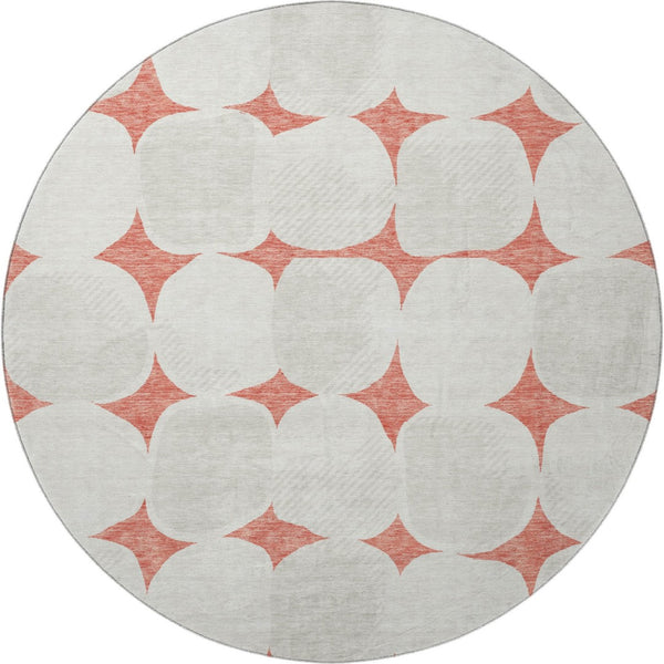 HomeRoots 8' Salmon and Ivory Abstract Geometric Round Rug - Washable, UV Protected, Perfect for High-Traffic Areas! 669231