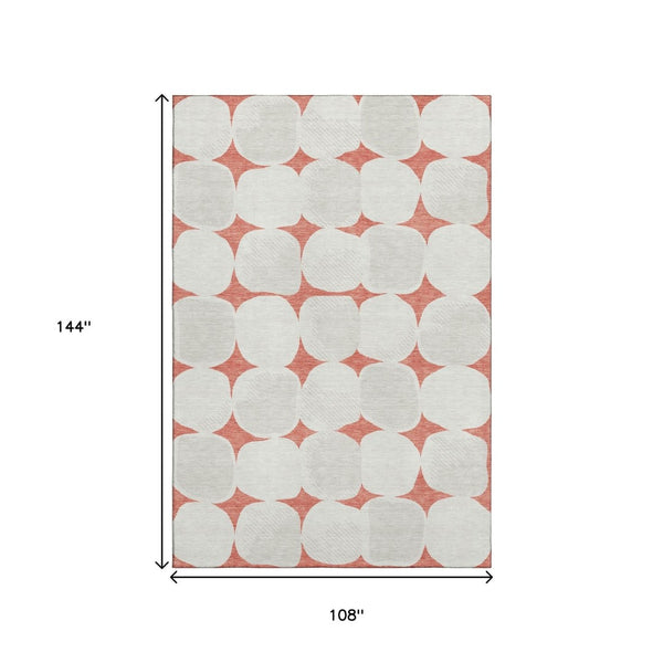 HomeRoots 9' X 12' Salmon and Ivory Abstract Geometric Area Rug – Washable, UV-Protected, Durable Design for Homes 669233