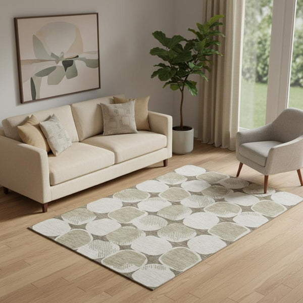 HomeRoots 5' Taupe and Beige Abstract Geometric Area Rug - Washable, Durable, UV Protected for Modern Homes 669236