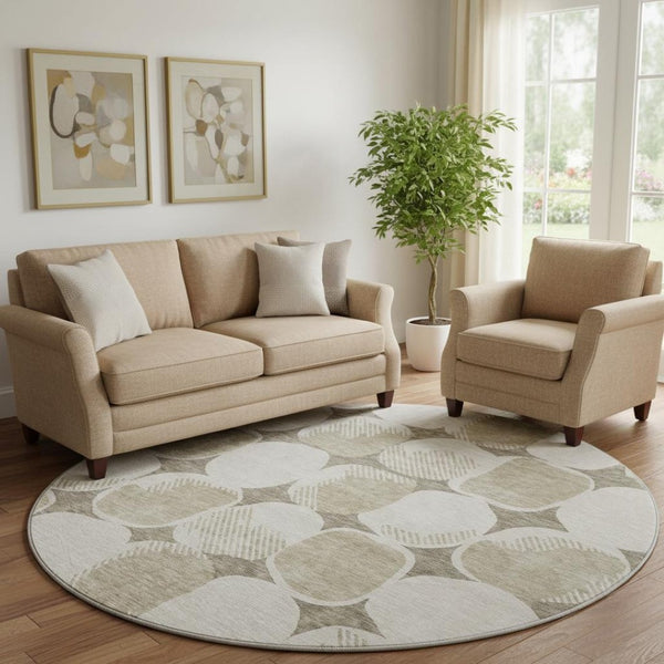 HomeRoots 8' Taupe And Beige Abstract Geometric Rug - Washable, UV Protected, Perfect for Families & Pets! 669237