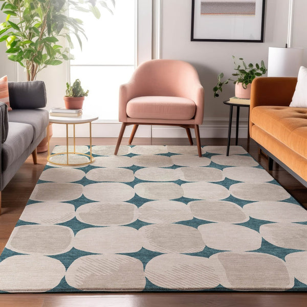 HomeRoots 5' X 8' Teal And Ivory Abstract Geometric Rug - Washable, UV-Protected, Perfect for Busy Homes! 669242
