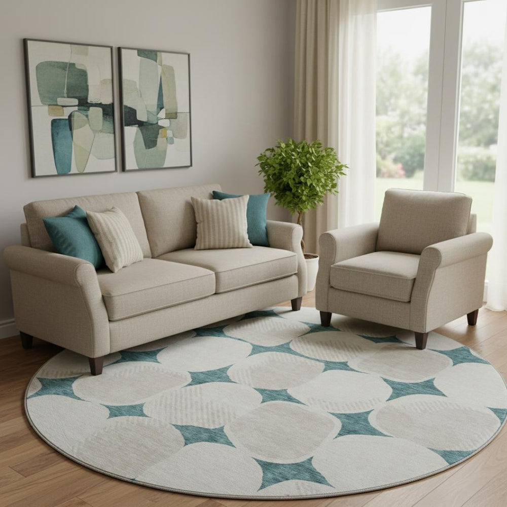 HomeRoots 8' Teal And Ivory Abstract Geometric Washable Round Rug - UV Protection, Stain Resistant & Stylish! 669243