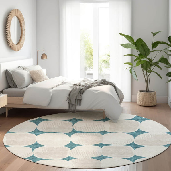 HomeRoots 8' Teal And Ivory Abstract Geometric Washable Round Rug - UV Protection, Stain Resistant & Stylish! 669243