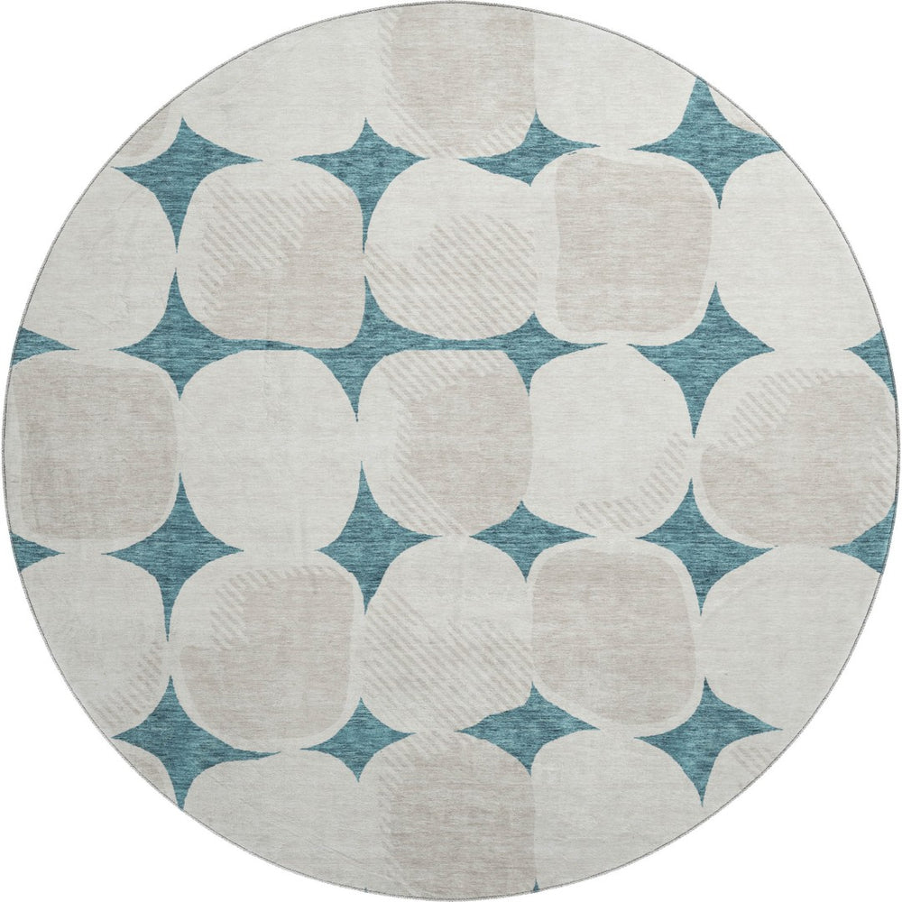 HomeRoots 8' Teal And Ivory Abstract Geometric Washable Round Rug - UV Protection, Stain Resistant & Stylish! 669243