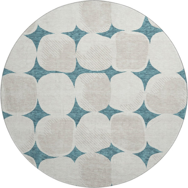 HomeRoots 8' Teal And Ivory Abstract Geometric Washable Round Rug - UV Protection, Stain Resistant & Stylish! 669243