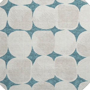 HomeRoots 8' Teal And Ivory Abstract Geometric Washable Round Rug - UV Protection, Stain Resistant & Stylish! 669243