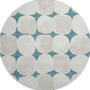 HomeRoots 8' Teal And Ivory Abstract Geometric Washable Round Rug - UV Protection, Stain Resistant & Stylish! 669243