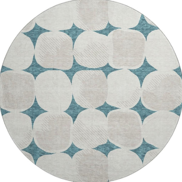 HomeRoots 8' Teal And Ivory Abstract Geometric Washable Round Rug - UV Protection, Stain Resistant & Stylish! 669243