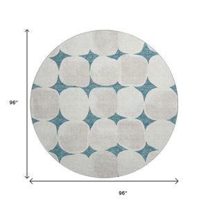 HomeRoots 8' Teal And Ivory Abstract Geometric Washable Round Rug - UV Protection, Stain Resistant & Stylish! 669243
