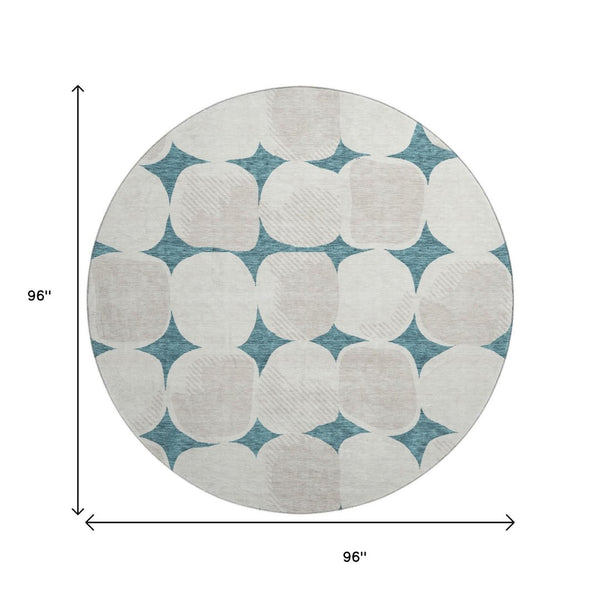 HomeRoots 8' Teal And Ivory Abstract Geometric Washable Round Rug - UV Protection, Stain Resistant & Stylish! 669243
