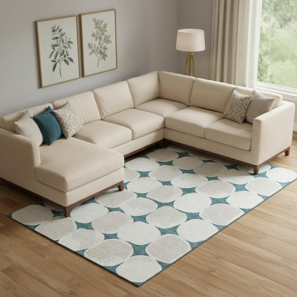 HomeRoots 9' X 12' Teal Ivory Abstract Geometric Area Rug - Washable, Stain Resistant, UV Protected Design 669245