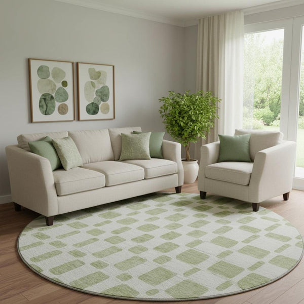 HomeRoots 8' Artichoke Green & Ivory Geometric Round Rug - Washable, UV Protected, Easy-Care, Durable Design 669249