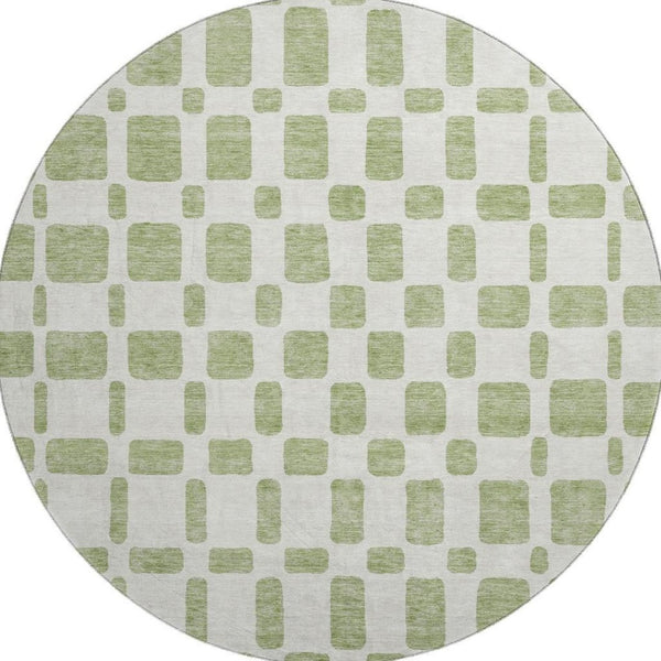 HomeRoots 8' Artichoke Green & Ivory Geometric Round Rug - Washable, UV Protected, Easy-Care, Durable Design 669249