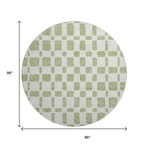 HomeRoots 8' Artichoke Green & Ivory Geometric Round Rug - Washable, UV Protected, Easy-Care, Durable Design 669249