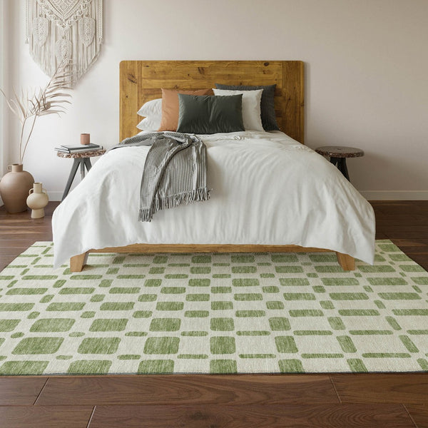 HomeRoots 8' X 10' Artichoke Green Geometric Washable Area Rug - Durable, Stylish, UV Protected for Homes 669250