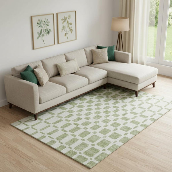 HomeRoots 9' X 12' Artichoke Green Geometric Washable Area Rug with UV Protection for High-Traffic Spaces 669251