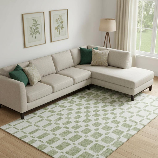 HomeRoots 10' X 14' Artichoke Green Geometric Washable Area Rug with UV Protection for High-Traffic Spaces 669252