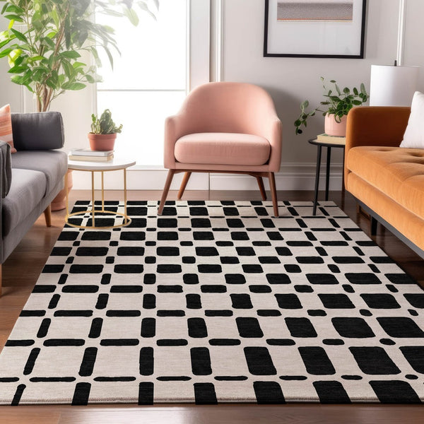 HomeRoots 8' X 10' Black and Ivory Geometric Area Rug – Washable, UV Protected, Durable Design for Modern Homes 669256