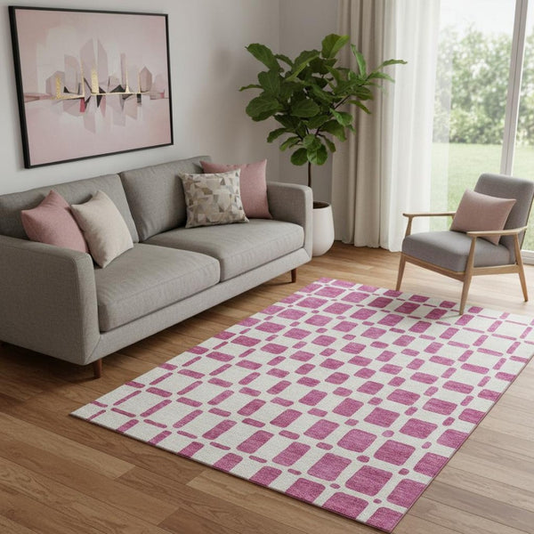 HomeRoots 5' X 8' Blush and Ivory Geometric Washable Area Rug – Stain Resistant, UV Protected for Modern Homes 669260