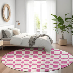 HomeRoots 8' Blush and Ivory Geometric Round Rug - Oversized, Washable, UV-Protected, Perfect for High-Traffic Areas 669261