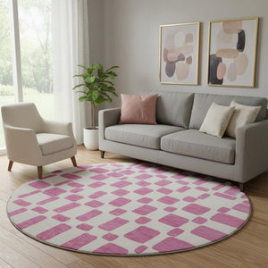 HomeRoots 8' Blush and Ivory Geometric Round Rug - Oversized, Washable, UV-Protected, Perfect for High-Traffic Areas 669261