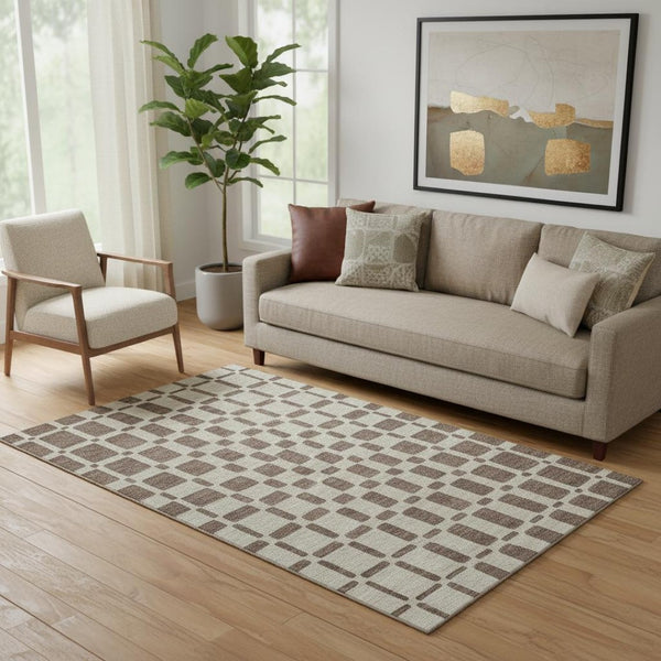 HomeRoots 5' X 8' Stylish Brown and Ivory Geometric Area Rug - Washable, UV Protected, Ideal for High Traffic Areas 669266