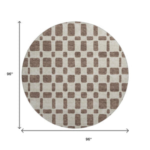 HomeRoots 8' Brown and Ivory Geometric Washable Round Rug - Durable, UV-Resistant, Perfect for High-Traffic Spaces! 669267